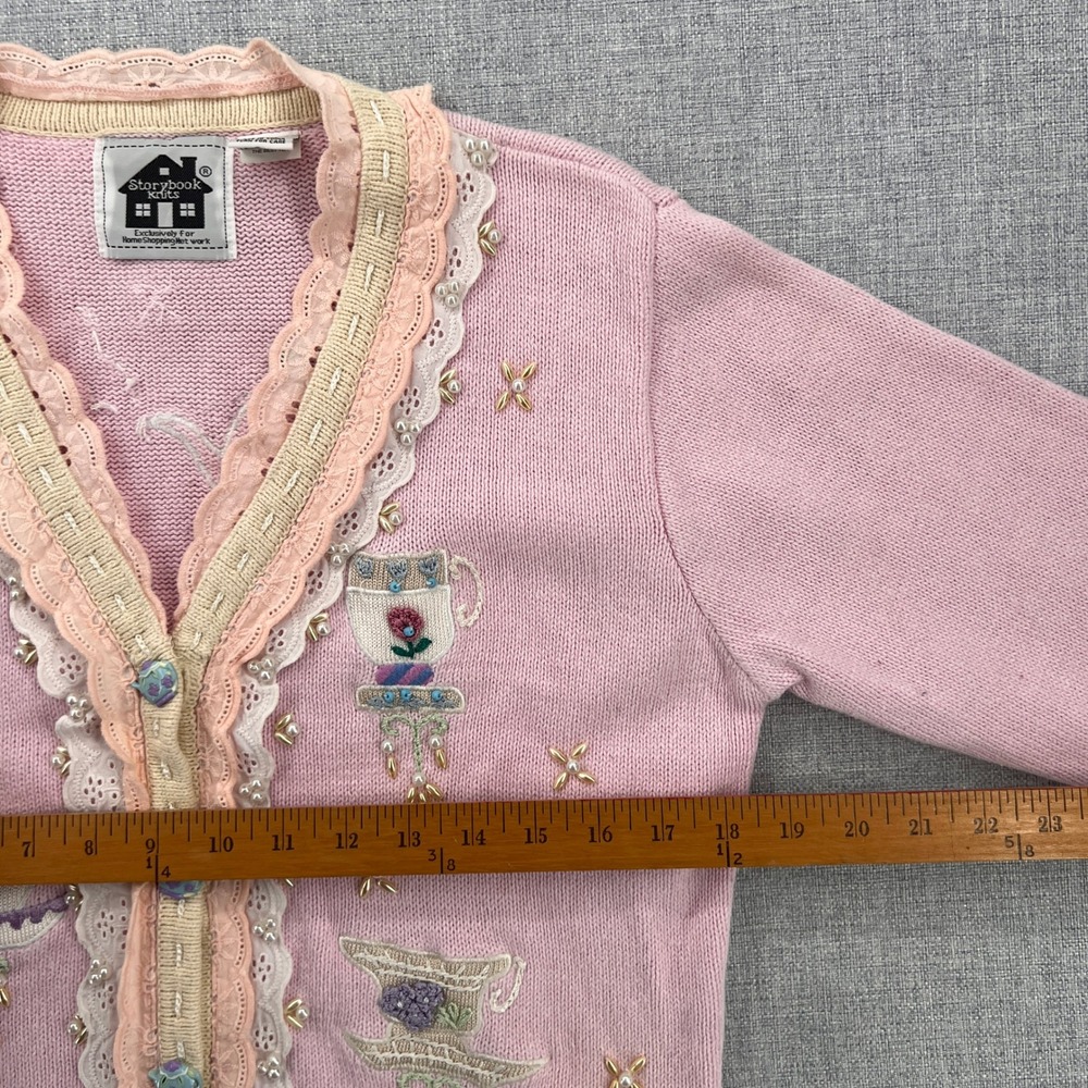 VTG Y2K Storybook Knits Tea Cardigan Sweater Women S Pink Embroidered Cottage - Picture 9 of 13